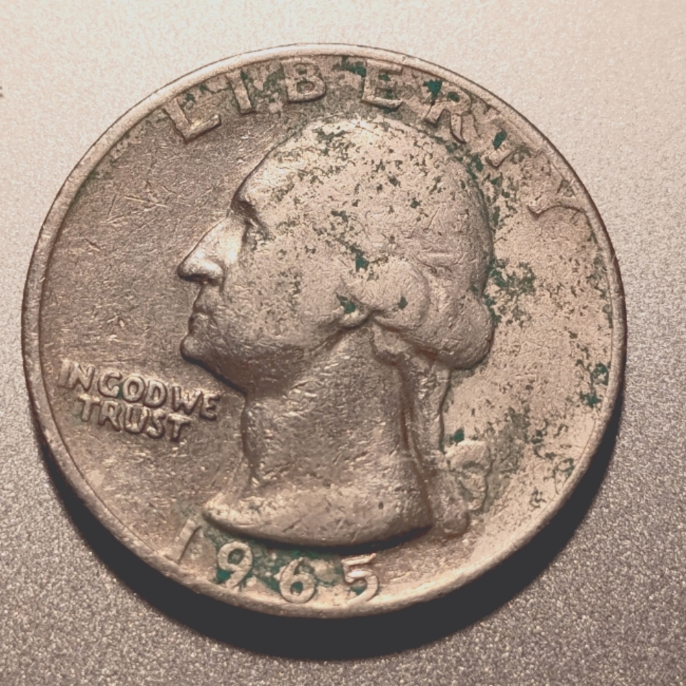 1965 Washington Quarter Coin Green Corrosion